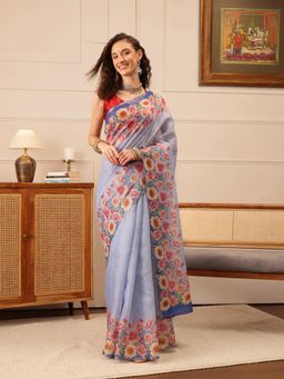 Silk Land - Women's Blue Cotton Silk Floral Printed Saree with Unstitched Blouse