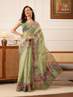 Silk Land - Women's Green Cotton Silk Floral Printed Saree with Unstitched Blouse