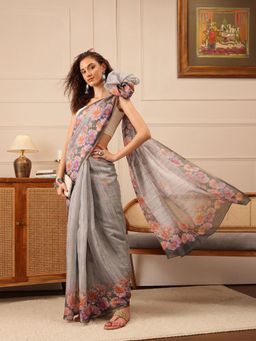 Silk Land - Women's Grey Cotton Silk Floral Printed Saree with Unstitched Blouse