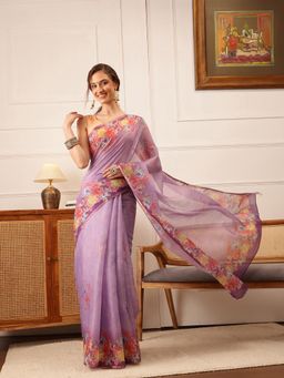 Silk Land - Women's Lavender Silk Floral Printed Saree with Unstitched Blouse