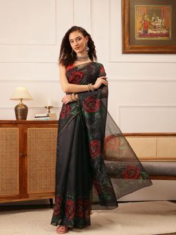 Silk Land - Women's Black Kalamkari Digital Print Saree with Unstitched Blouse
