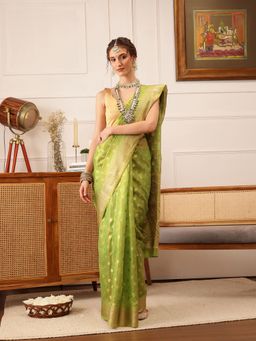 Silk Land - Women's Green Kanjivaram Silk Zari Woven Saree with Unstitched Blouse