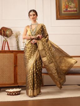 Silk Land - Women's Taupe Kanjivaram Silk Zari Woven Saree with Unstitched Blouse