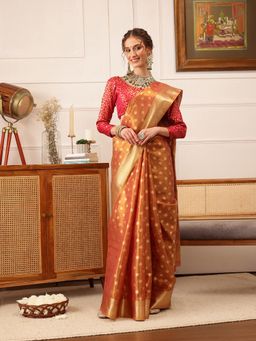 Silk Land - Women's Peach Kanjivaram Silk Zari Woven Saree with Unstitched Blouse