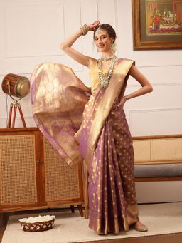 Silk Land - Women's Mauve Kanjivaram Silk Zari Woven Saree with Unstitched Blouse