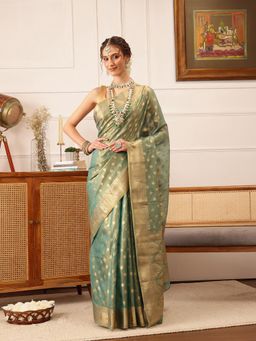 Silk Land - Women's Blue Kanjivaram Silk Zari Woven Saree with Unstitched Blouse