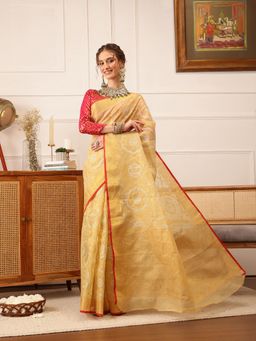Silk Land - Yellow Kota Doria Silk Zari Woven Saree with Unstitched Blouse