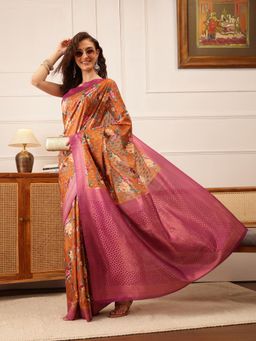 Silk Land - Orange Floral Printed Crepe Saree with Unstitched Blouse