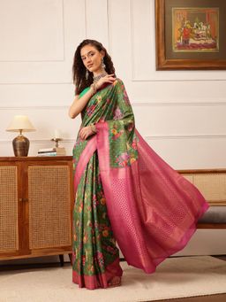 Silk Land - Green Floral Printed Crepe Saree with Unstitched Blouse