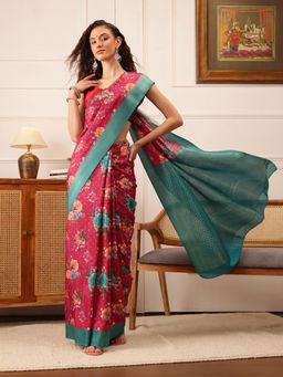 Silk Land - Pink Floral Printed Crepe Saree with Unstitched Blouse