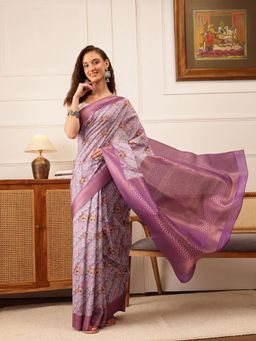Silk Land - Lavender Striped Printed Crepe Saree with Unstitched Blouse