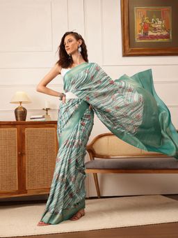 Silk Land - Turquoise Striped Printed Crepe Saree with Unstitched Blouse