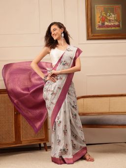 Silk Land - Off White Printed Crepe Woven Pallu Saree with Unstitched Blouse