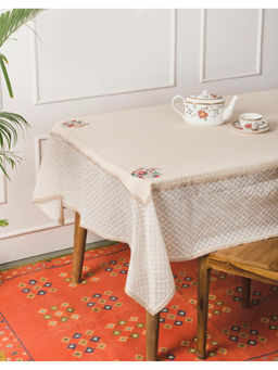 Fabindia - Beige Cotton Blend Embroidered Luxe Table Cover