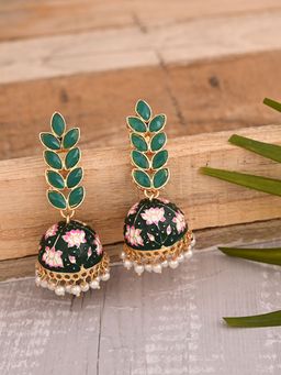 VIRAASI - Green Leaf Design Handcrafted Meenakari Jhumka Earrings for Women and Girls