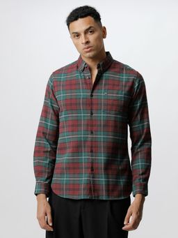 The Bear House - Men Maroon Tartan Checked Slim Fit Cotton Casual Shirt