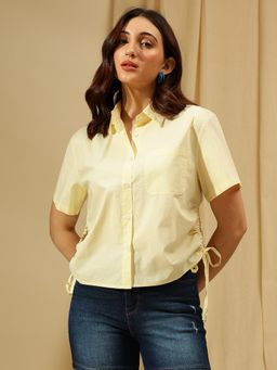 Xpose - Women Yellow Ruched Crop Waist Tie-Ups Casual Shirt