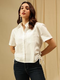 Xpose - Women White Ruched Crop Waist Tie-Ups Casual Shirt