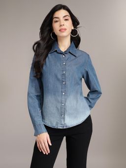 Xpose - Women Navy Blue Ombre Button-Down Collar Casual Denim Shirt