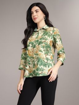 Xpose - Women Mustard Floral Printed Button-Down Collar Shirt