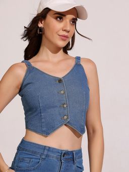 DOLCE CRUDO - Womens Mid Blue Elasticated Straps Waistcoat-Styled Cropped Top