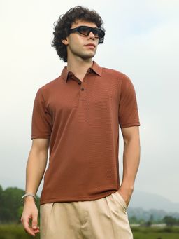 Campus Sutra - Mens Sienna Brown Warp-Tactile Polo T-Shirt