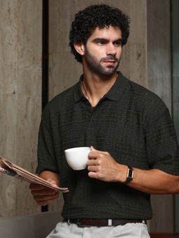 Campus Sutra - Mens Midnight Black Bohomian Oversized Polo T-Shirt