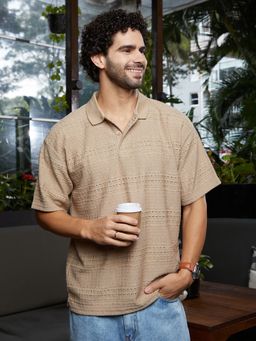 Campus Sutra - Mens Buff Beige Bohomian Oversized Polo T-Shirt