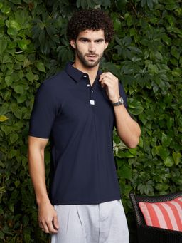 Campus Sutra - Mens Navy Blue Seamless Waffle Polo T-Shirt