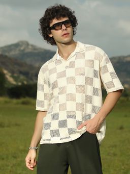 Campus Sutra - Mens Saltbox Beige Grid Oversized Polo T-Shirt