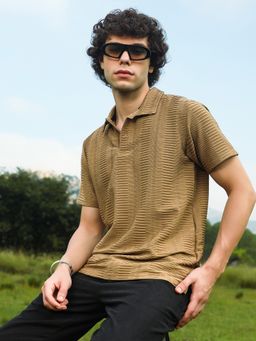 Campus Sutra - Mens Ash Brown Flatten-Ruched Polo T-Shirt