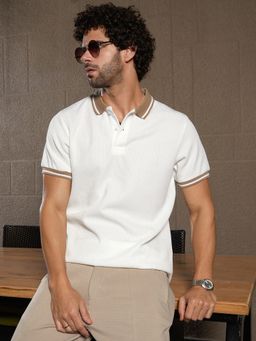 Campus Sutra - Mens Cream White Cuboid-Stripe Polo T-Shirt