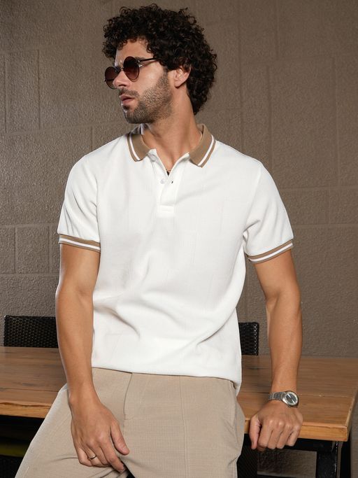 CAHOOT Mens Cream White Cuboid-Stripe Polo T-Shirt
