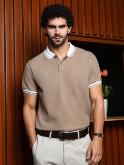Campus Sutra - Mens Sand Beige Cuboid-Stripe Polo T-Shirt