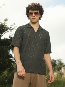 Campus Sutra - Mens Juniper Green Honeycomb-Knit Polo T-Shirt