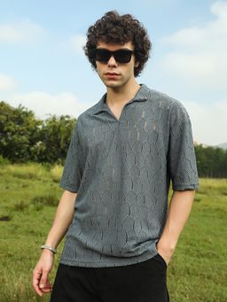 Campus Sutra - Mens Moon Grey Honeycomb-Knit Polo T-Shirt