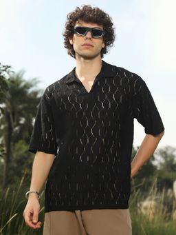 Campus Sutra - Mens Onyx Black Honeycomb-Knit Polo T-Shirt