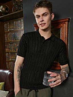 Campus Sutra - Mens Obsidian Black Self Design Polo T-Shirt