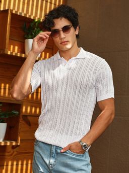 Campus Sutra - Mens Chalk White Panelled-Knit Polo T-Shirt