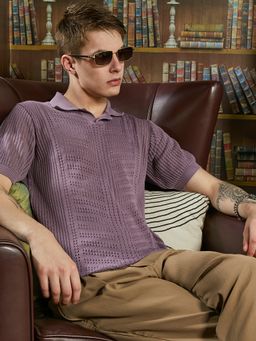 Campus Sutra - Mens Mauve Purple Self Design Polo T-Shirt