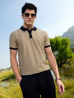 Campus Sutra - Mens Camel Beige and Onyx Black Arc-Tactile Polo T-Shirt