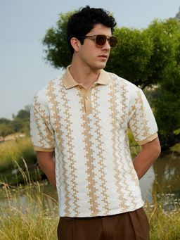Campus Sutra - Mens Buff Beige and Cream White Indie-Block Polo T-Shirt