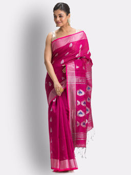 Angoshobha - Bright Pink Cotton Blended Handloom Jamdani Saree with Unstitched Blouse