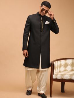 Vastramay - Men Black And Cream Viscose Sherwani (Set of 3)