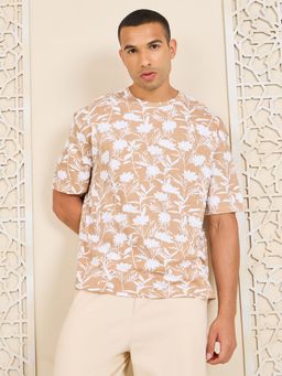 Styli - Men's Beige Cotton Big Floral All Over Print Oversized T-Shirt