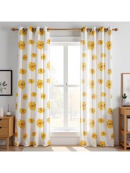 HOMEMONDE - Sunflower White Floral Print Duck Cotton Curtains (Pack Of 2)