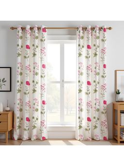HOMEMONDE - White Floral Print Room Darkening Duck Cotton Curtains (Pack Of 2)