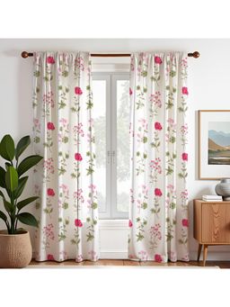 HOMEMONDE - White Floral Print Room Darkening Duck Cotton Curtains (Pack of 2)