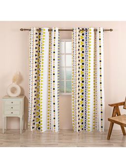 HOMEMONDE - White Santo Geometric Print Eyelet Cotton Curtains (Pack of 2)