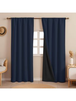HOMEMONDE - Navy Blue Complete Heavy Faux Silk Blackout Curtains (Pack of 2)